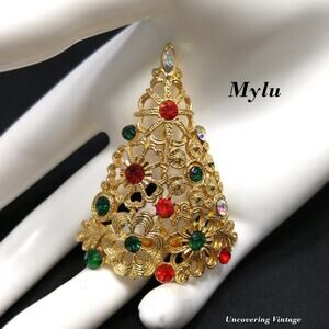Mylu Christmas Tree Brooch, Gold Plated Floral Rhinestone Pin, Vintage Holiday